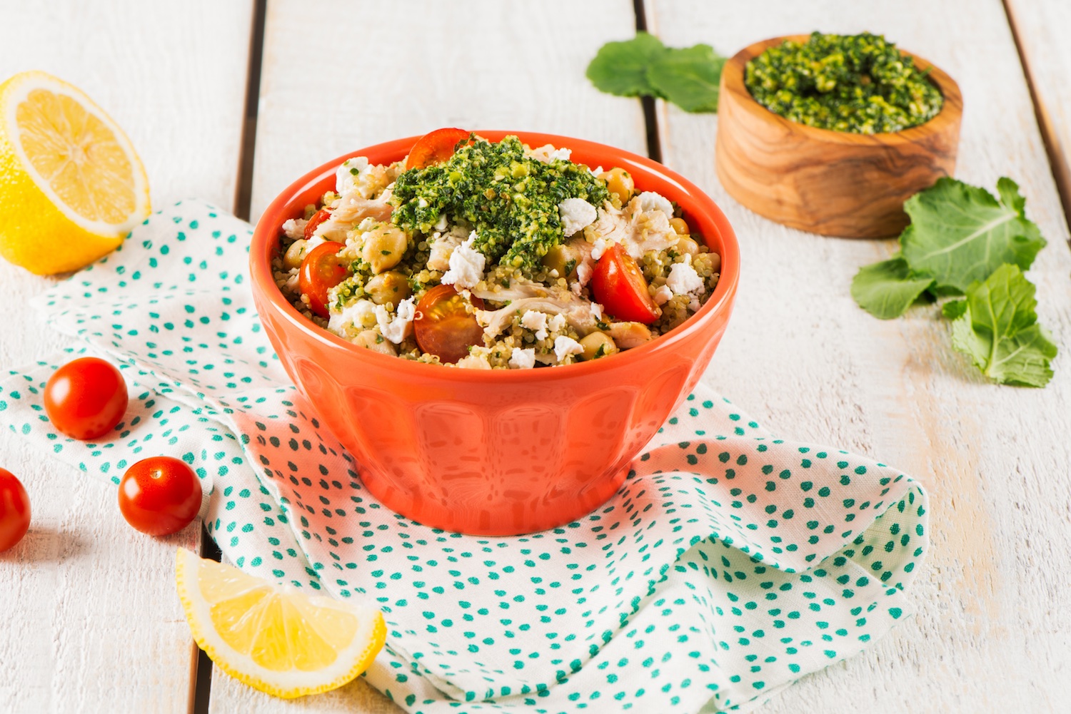 Quinoa bowl with baby kale pesto